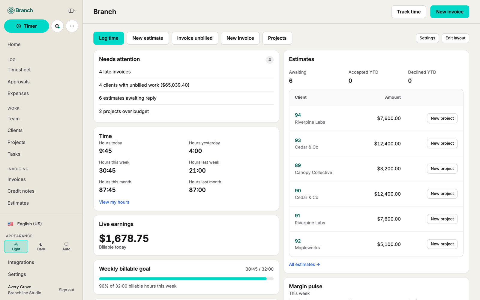 Branch dashboard with billable hours, live earnings, and estimates.